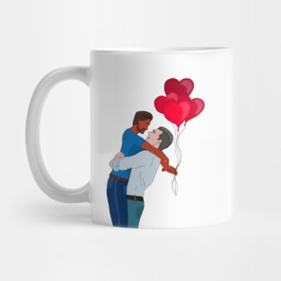 Male Couple Hugging While Holding Heart Shaped Balloons Mug